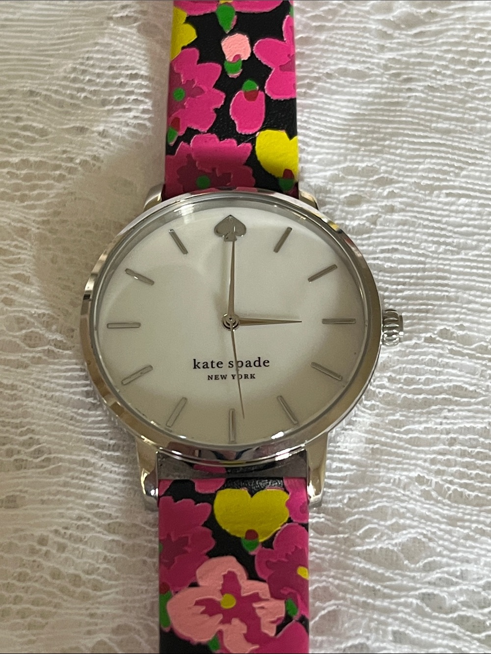 kate spade Silver Case White Dial Watch with Pink & Yellow Floral Strap